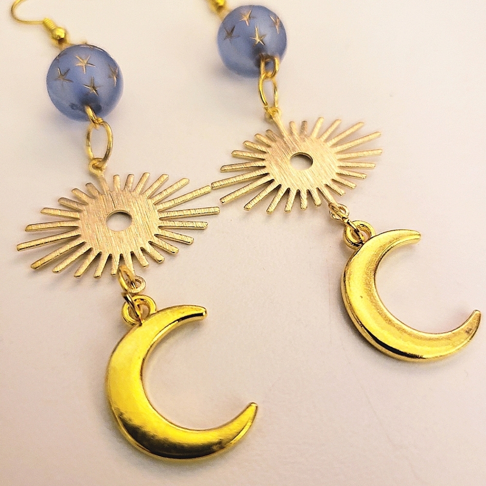 Handmade Beaded Boho Gold Celestial Sunburst Moon Dangle Earrings - Picture 2 of 3